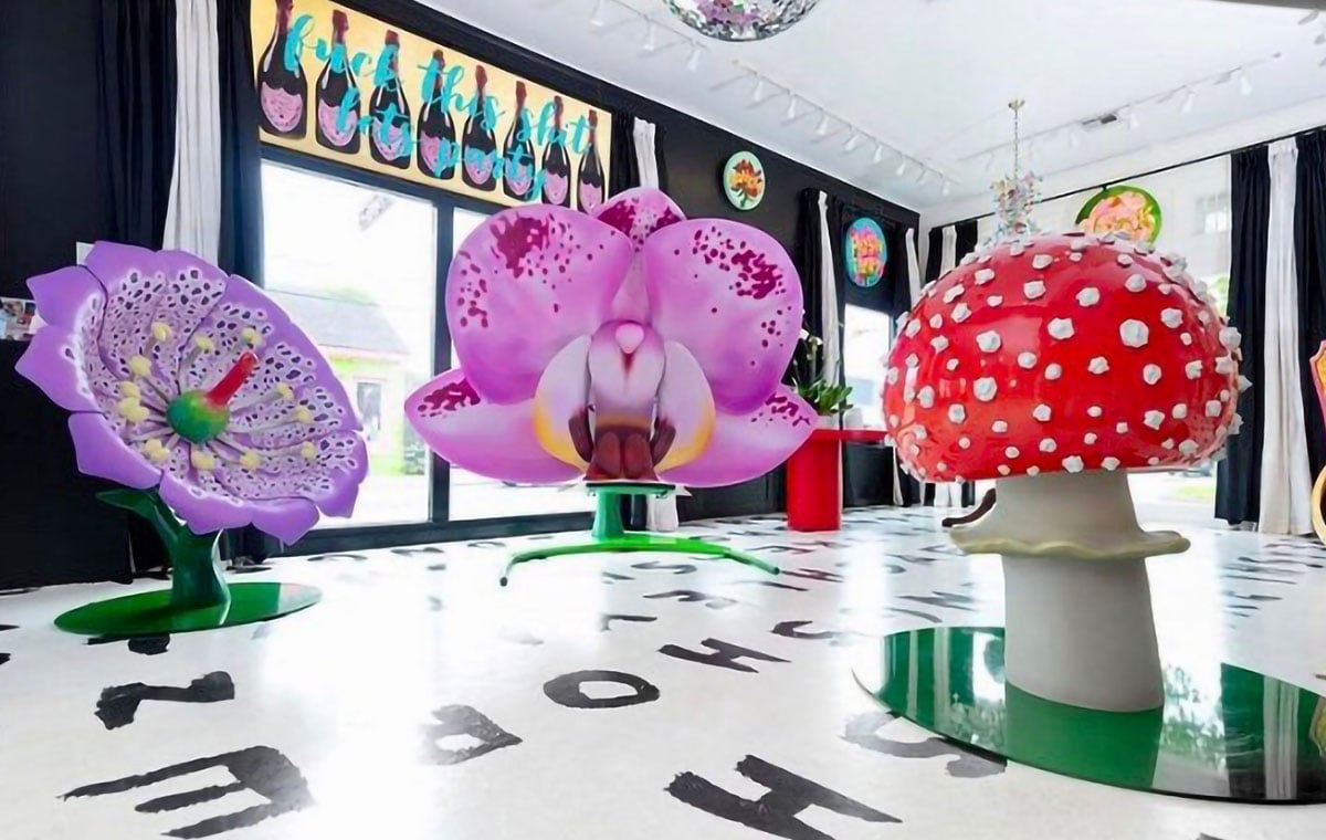 Ashley Longshore's giant mushrooms and orchid chairs are prime examples of interactive art installations